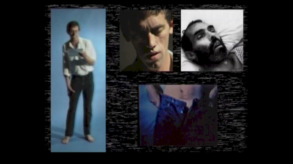 A collage of four differently sized frames set against a black background with video glitches, depicting scenes featuring men in a raw, melancholic aesthetic.